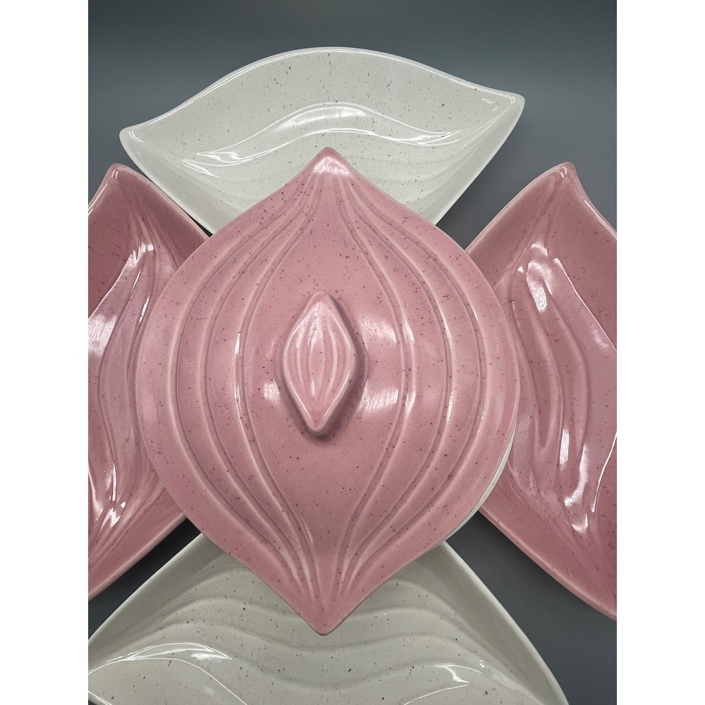 Mid Century Modern California Pottery L34 Lazy Susan‎ Pink and Ivory 6 pc - Picture 2 of 9